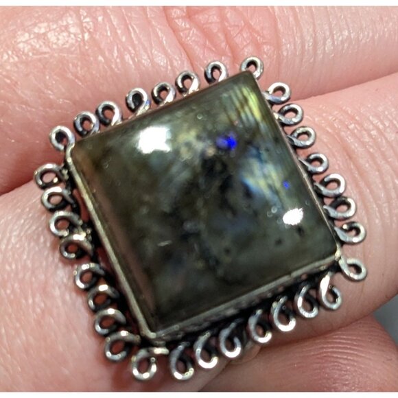 Whimsical Labradorite Square Cut Sterling Silver Ring Size 10 - Picture 5 of 16